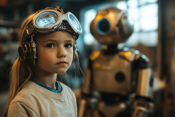 Little girl wearing headphones listens intently to a robot, resting on her lap. Both engrossed in conversation, surrounded by colorful toys.