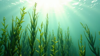 Obraz premium Sunlit rays filter through clear waters, illuminating lush green seaweed clusters against a serene teal backdrop, casting vibrant aquatic shadows