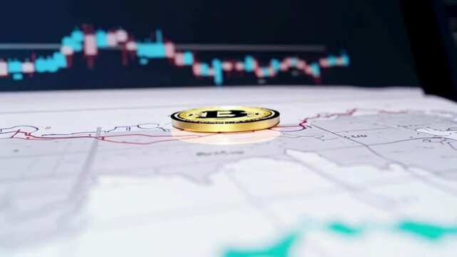 This cinematic videograph captures a Bitcoin placed on top of a world map, while a dynamic line graph overlays the scene, illustrating the rise and fall of cryptocurrency prices over time, seamlessly 