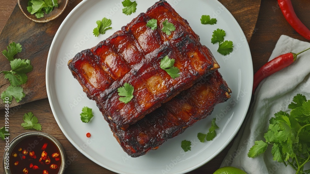 Poster a top-down view of crispy pork belly on a white plate, garnished with coriander and chili peppers, r