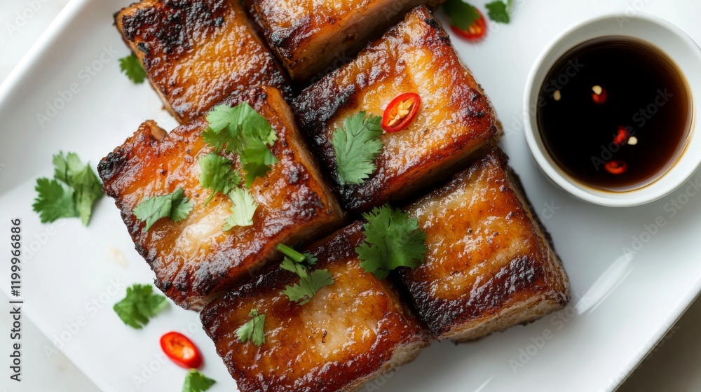 Poster a top-down view of crispy pork belly on a white plate, garnished with coriander and chili peppers, r