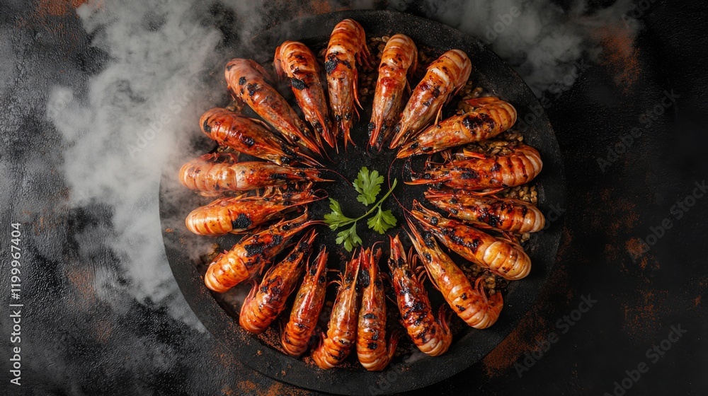 Poster a top-down view of large grilled prawns arranged in a circle on a platter, with steam rising and a g