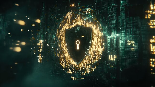 Shield icon with keyhole and floating binary code in futuristic setting