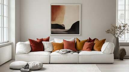 A cozy Scandinavian living room featuring a pristine white sofa adorned with an array of colorful, vibrant pillows