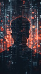 Cybersecurity visualization with human silhouette and data encryption