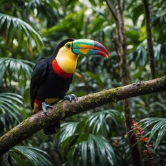 Fototapeta premium A toucan with a colorful beak perched on a tree branch in a dense rainforest.