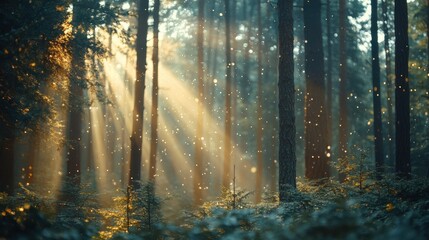 Obraz premium Magical forest scene with sunbeam through tree and sparkle