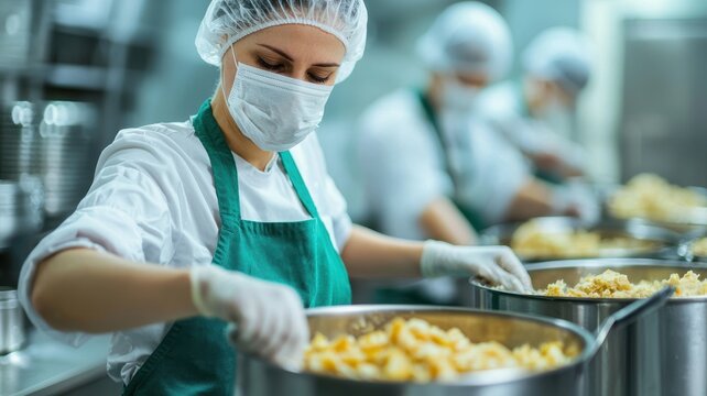 Ensuring food safety and quality food workers preparing meals in kitchen environment for health standards