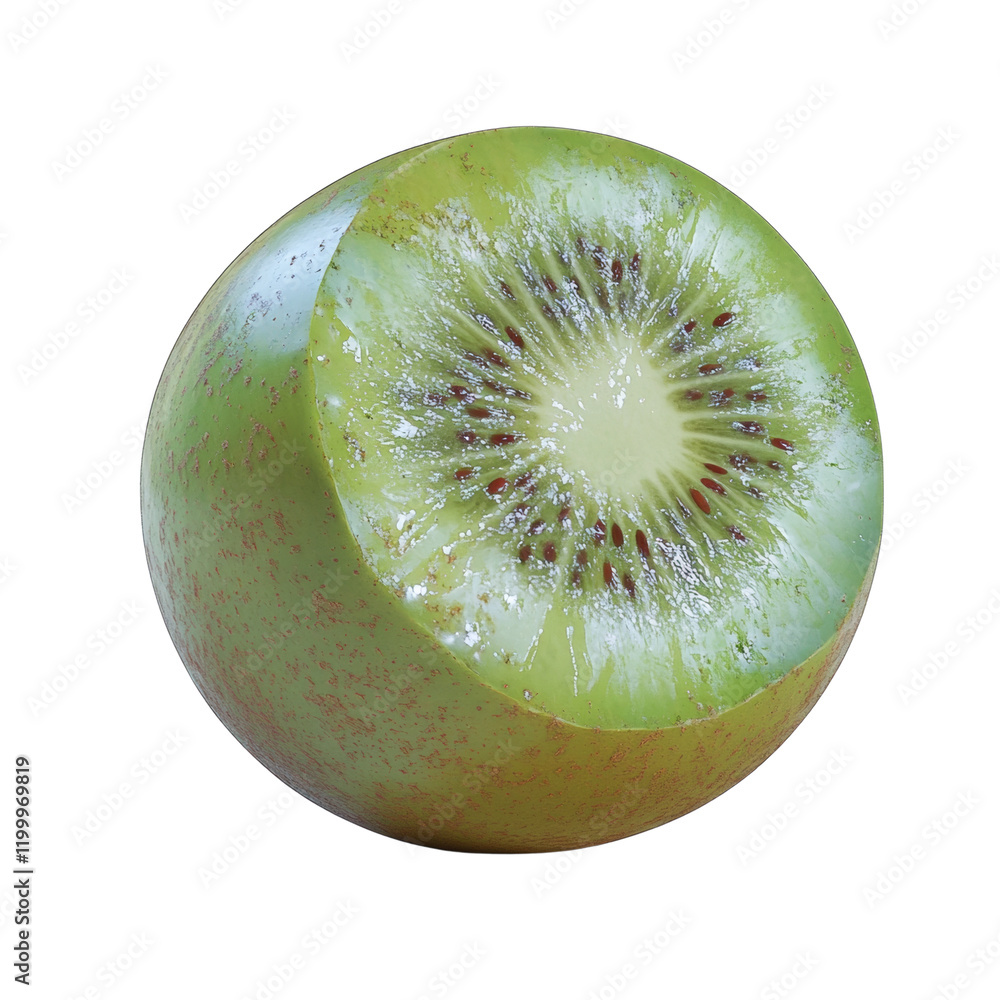 Poster a digital rendering depicts a halved kiwi fruit showcasing its vibrant green flesh and numerous tiny