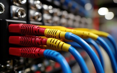 Vibrant cables intertwine, a symphony of red, yellow, and blue, creating a captivating technological tapestry.