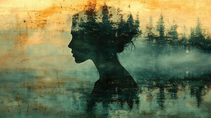 Silhouette of a woman with a forest in her hair reflected in water. Grunge textured background evokes mystery and introspection. Ideal for book covers or album art.