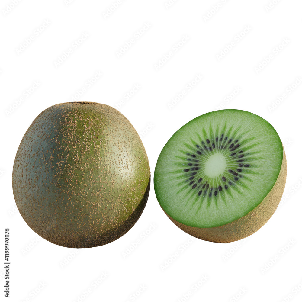 Poster a whole kiwi fruit and a sliced kiwi are presented against a plain white background showcasing the f