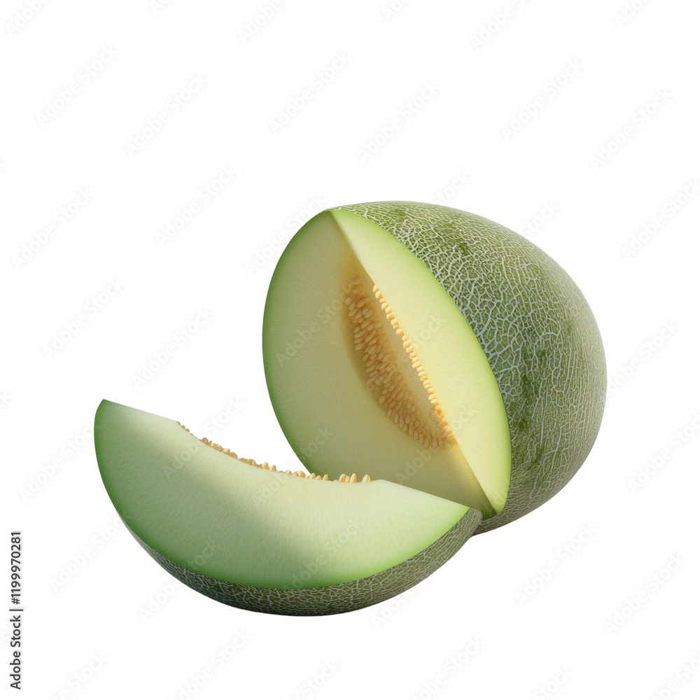 Aufkleber A visually appealing image showcasing a halved honeydew melon and a separate slice on a white surface.