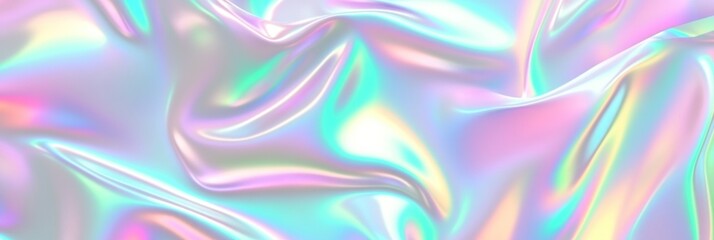 Fototapeta premium Colorful iridescent, holographic rainbow foil texture background. Iridescent fabric trendy cloth holographic texture purple pink blue metal