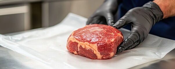 Ensuring safety and quality butcher vacuum-sealing fresh cuts of meat in kitchen environment