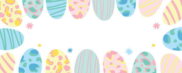 Easter banner featuring eater eggs and flowers frame. Leopard, stripes, doodles. Hand made vector image. 