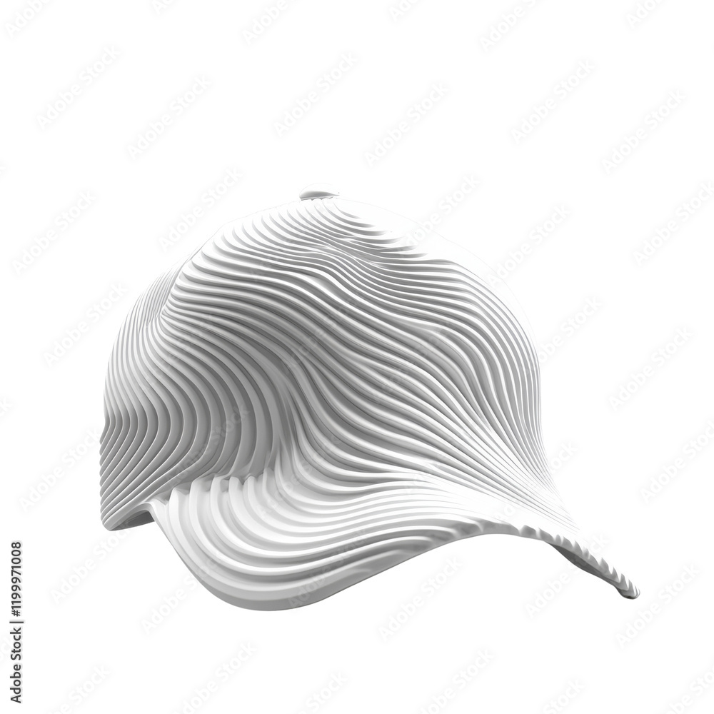 Poster a 3d rendered image showcases a white baseball cap featuring a unique wave pattern design.