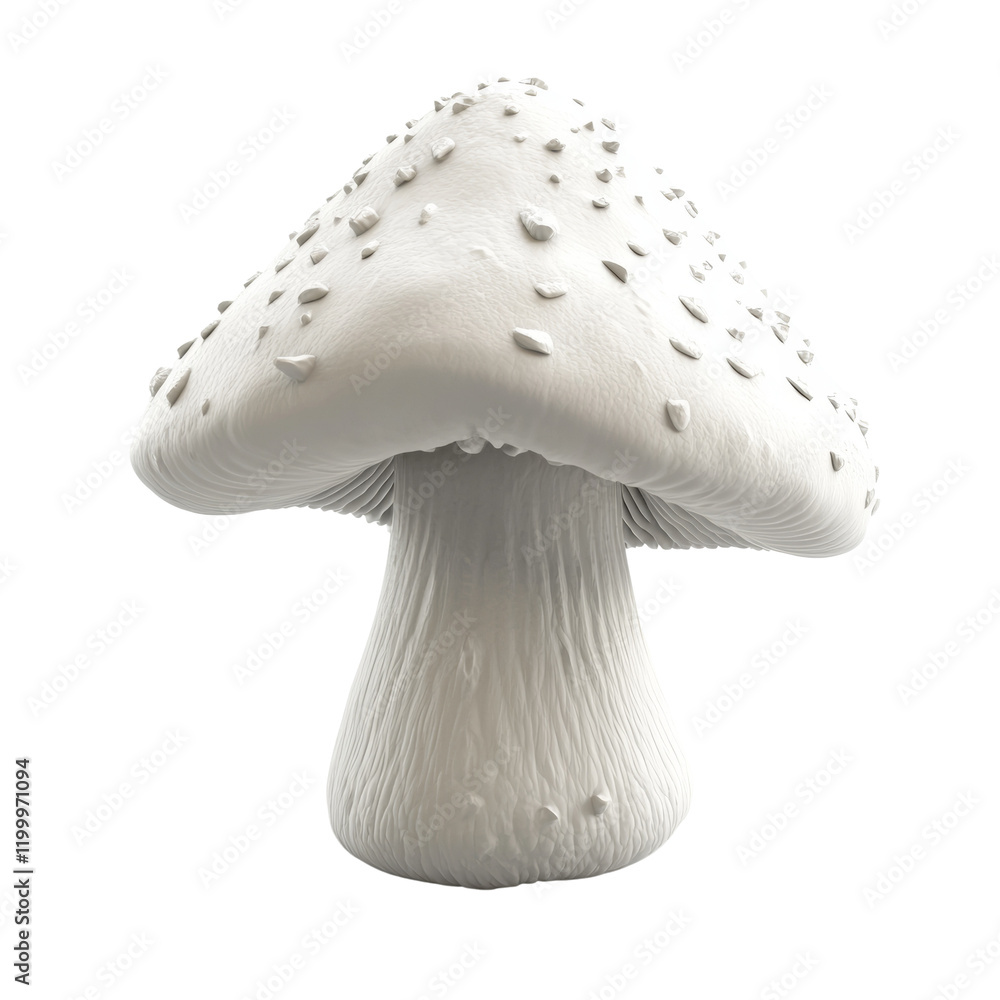 Poster the image shows a 3d rendered model of a white mushroom with textured surfaces and small, pebble-lik