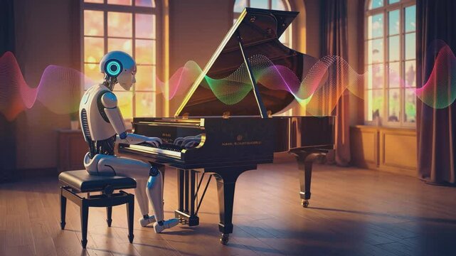 Harmonious Android: A humanoid robot plays a grand piano in an elegant room, sound waves visualizing music in vibrant colors.  The scene is both futuristic and artistic.