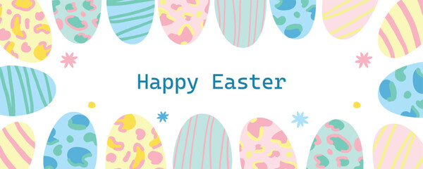 Easter banner featuring eater eggs and flowers frame. Leopard, stripes, doodles. Hand made vector image. 