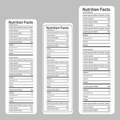 Fototapeta premium Nutrition Facts and beverages, showing daily values of calories, fat, carbohydrates, sugar, and vitamins. Nutrition Facts information for packaging. Vector illustration.