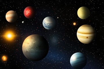 Fototapeta premium A group of planets orbiting around shining stars in the night sky