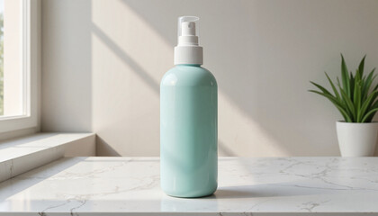 Glossy spray bottle on marble countertop, modern aesthetic appeal