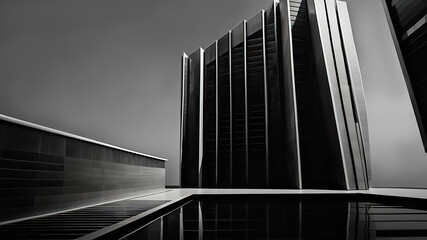 Obraz premium Minimalist architectural composition of a modern building with vertical lines. Abstract perspective, black and white background, high contrast lighting. Illustration.