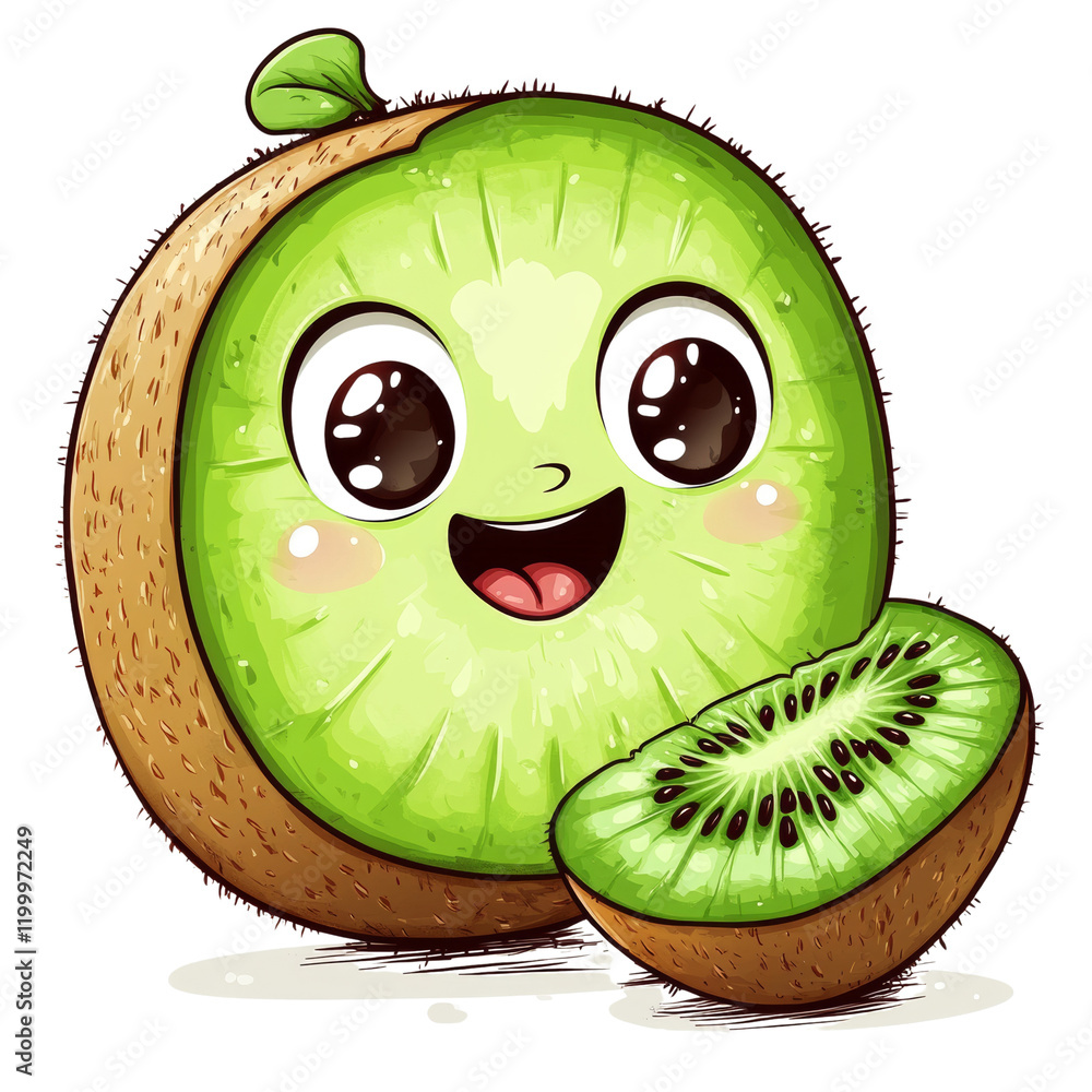 Poster a cheerful cartoon kiwi fruit, sliced in half, with a smiling face and large eyes. a smaller slice i