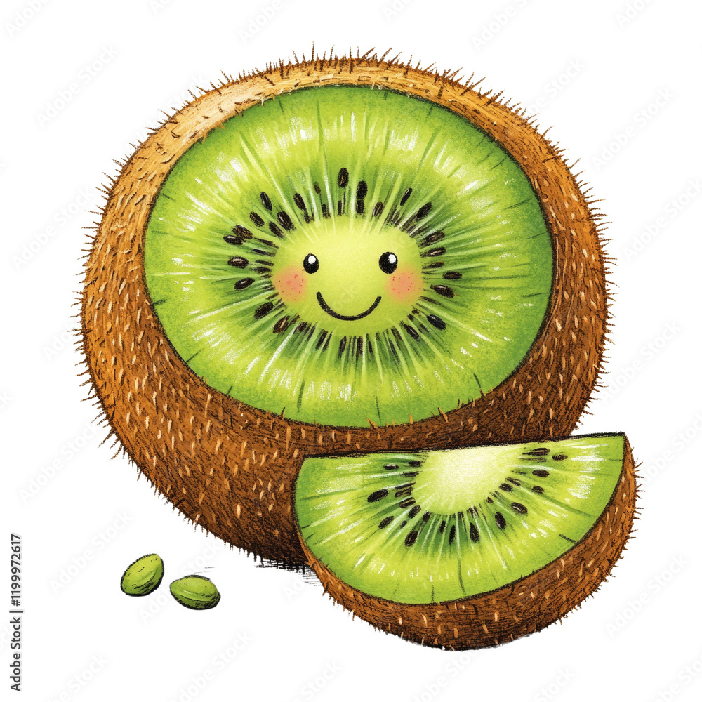 Aufkleber A whimsical illustration of a whole kiwi fruit with a smiling face and a separate slice next to it, accompanied by two small kiwi seeds.