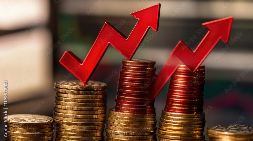 Poster a stack of coins with a red arrow pointing up, indicating increase in value or success