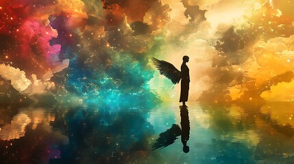 Archangel Gabriel standing on the edge of a celestial lake reflecting the colors of the heavens with a calm presence