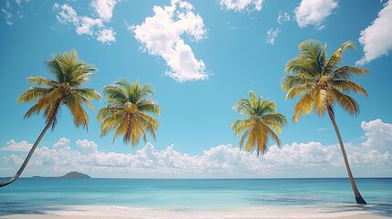 Fototapeta premium Lush palm trees sway gently by the serene beach under a bright blue sky during a sunny day