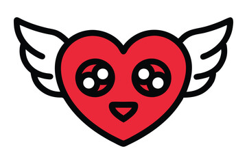 Valentine's day design. Heart shape with wings eyes, face vector illustration.