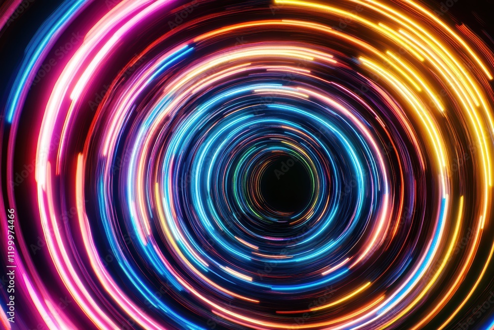 Poster neon circles create a digital illusion of movement and depth in vibrant colors