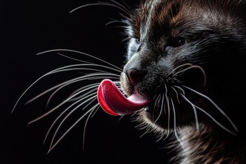 Close-up shot of a cat's open mouth, ready for food or play
