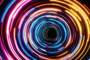 Neon circles create a digital illusion of movement and depth in vibrant colors
