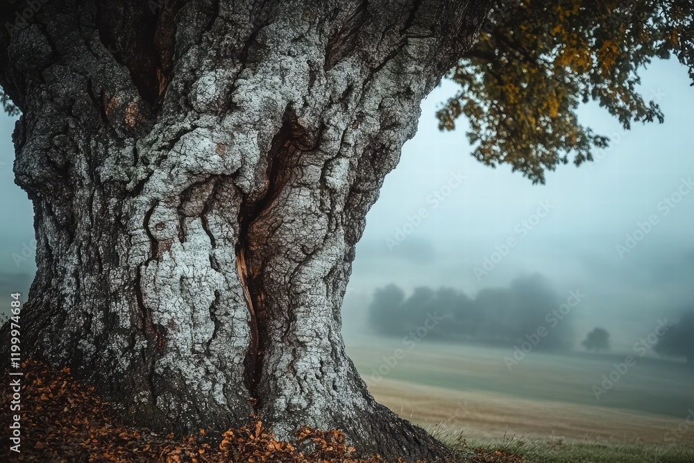 Poster old oak tree with intricate bark texture shrouded in fog at dawn