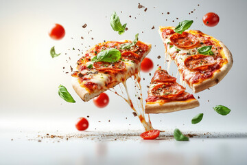 Pizza with tomato and basil on white background.