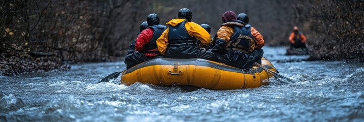 People navigate a river on a raft during an outdoor adventure in autumn