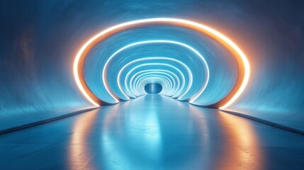 Obraz premium A tunnel with neon lights that are orange and blue