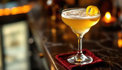 Cocktail drink with lemon twist in a coupe glass on a red coaster on a marble bar counter