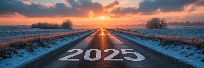 Empty road stretches ahead with 2025 marked at sunrise over frosty landscape