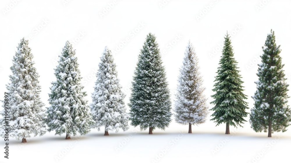 Poster a winter scene with a row of trees covered in snow on a white surface