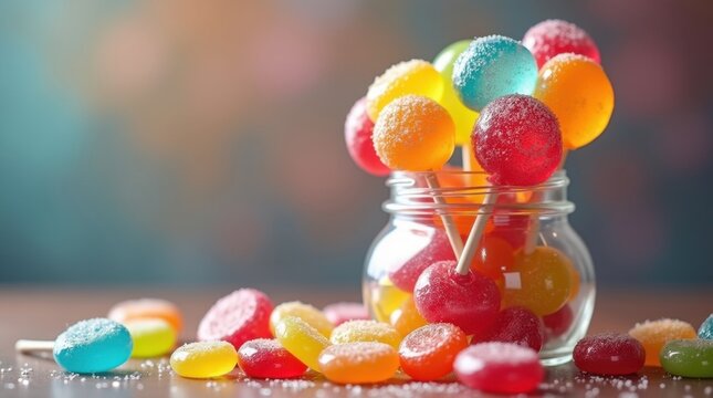 Colorful lollipops and hard candies in a glass jar. A delightful treat, sweet and sugary.