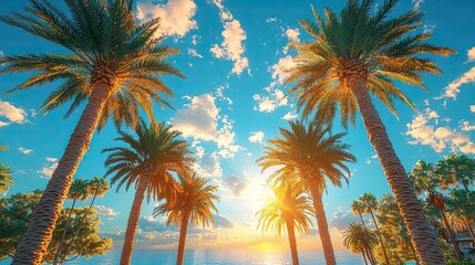 Sunset silhouettes of palm trees against a vibrant sky with clouds over a tranquil ocean