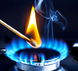 A burning match ignites a gas burner, creating a bright fiery effect. The shot shows the moment of a spark turning into fire, against the background of a kitchen interior.