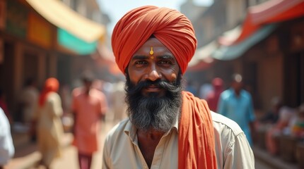 Portrait of a mature South Asian man with a long beard, wearing a vibrant orange turban and traditional clothing, standing in a bustling marketplace.