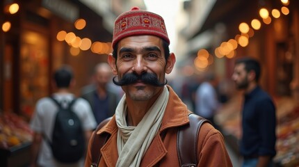Portrait of a middle-aged man with a large mustache, wearing a traditional hat and a warm coat in a bustling market. Warm lighting and rich colors create a vibrant and inviting atmosphere.