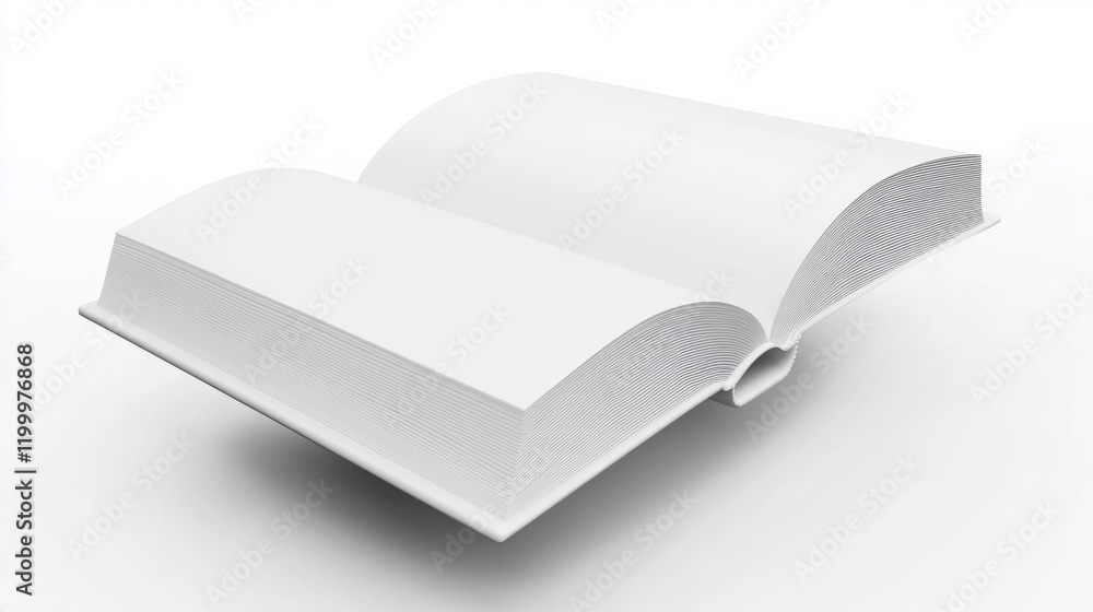 Poster a close-up shot of an open book lying on a clean and empty white surface